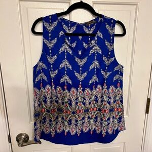 Renee C. Royal Blue Sleeveless Blouse with Ornate Design